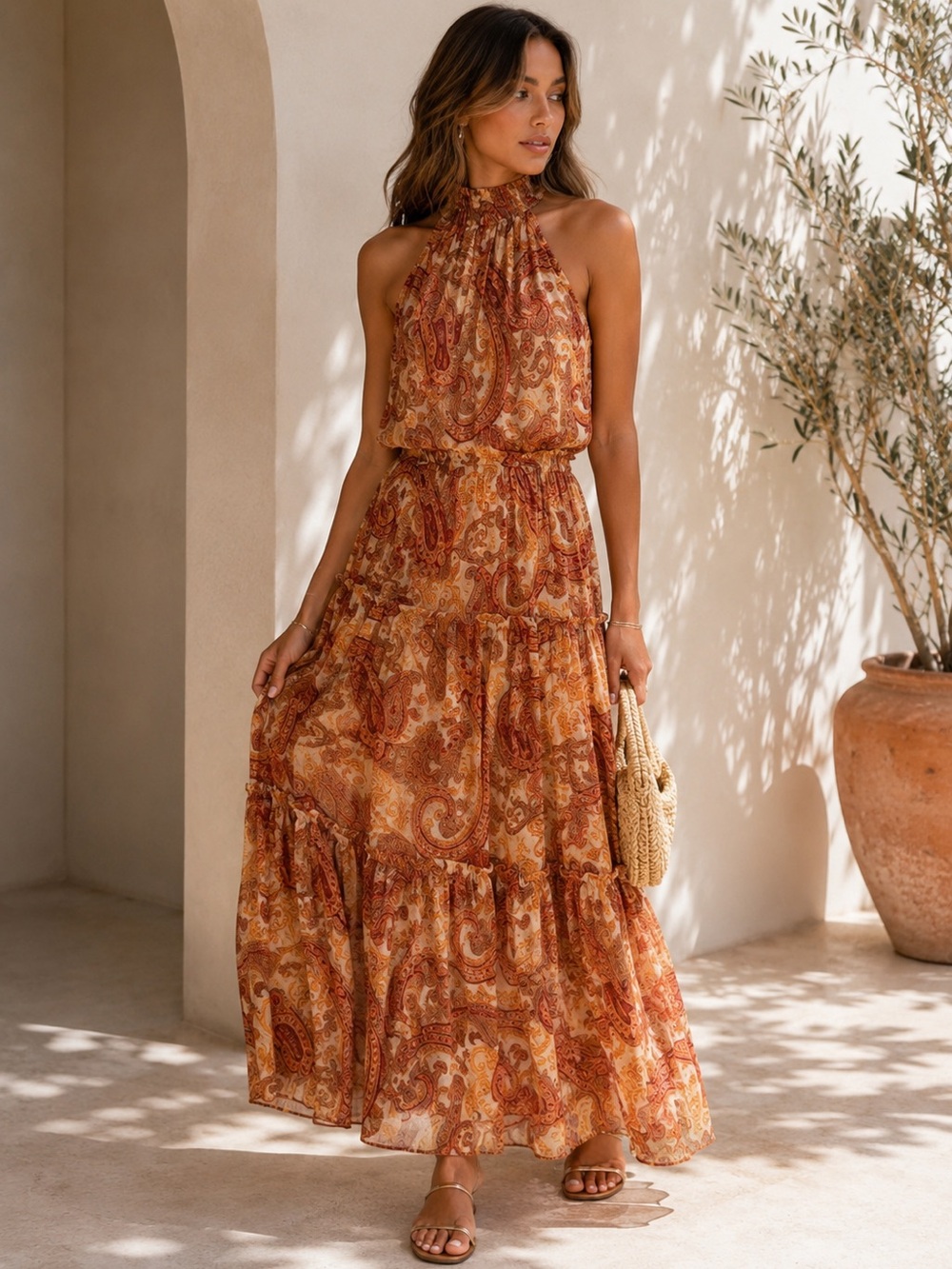 Taylor Paisley Halter Maxi Dress XS Boho Vacation Resort Summer